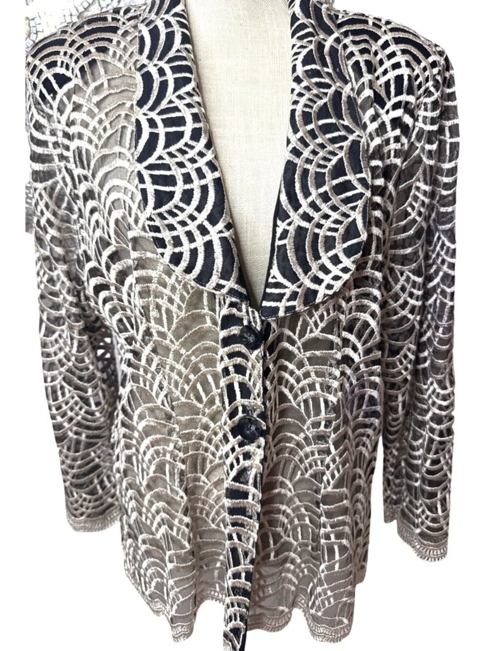 SAM Sheer Black & Silver Embroidered Jacket W/Scalloped Hem L